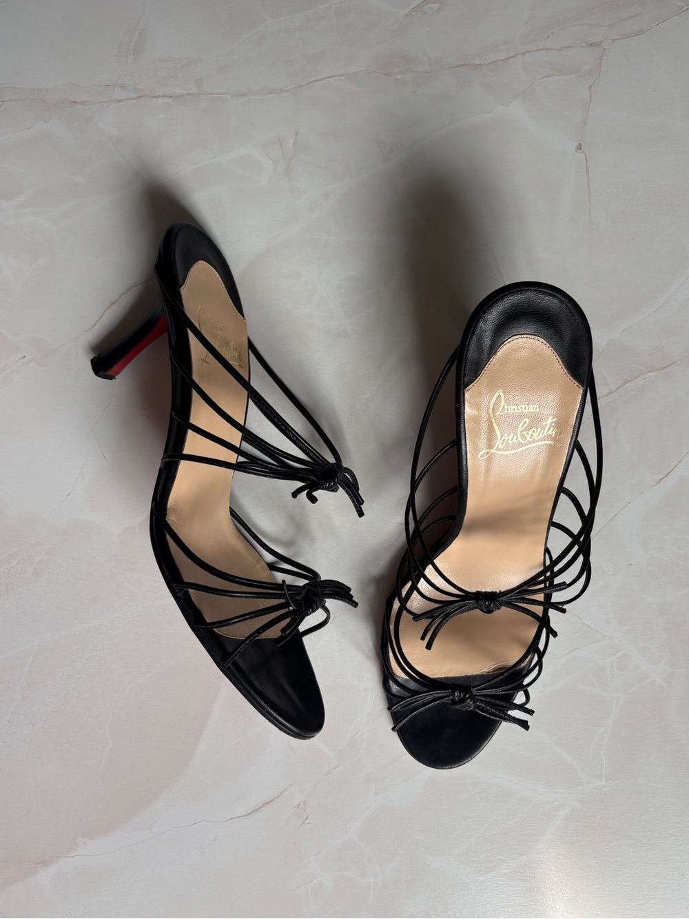 Christian Louboutin Black Strappy Open-Toe Heels with Signature Red Soles